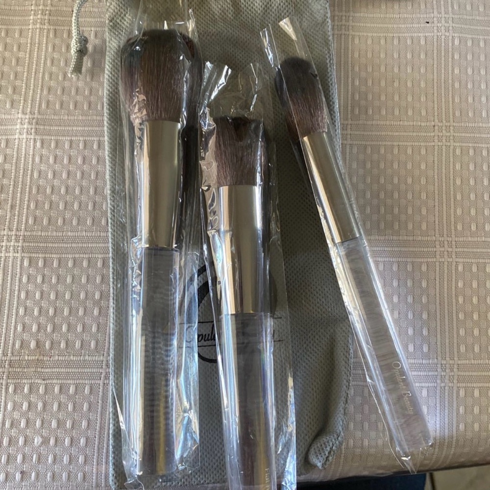 Set of 3 Silver Makeup Brushes with Gray Pouch